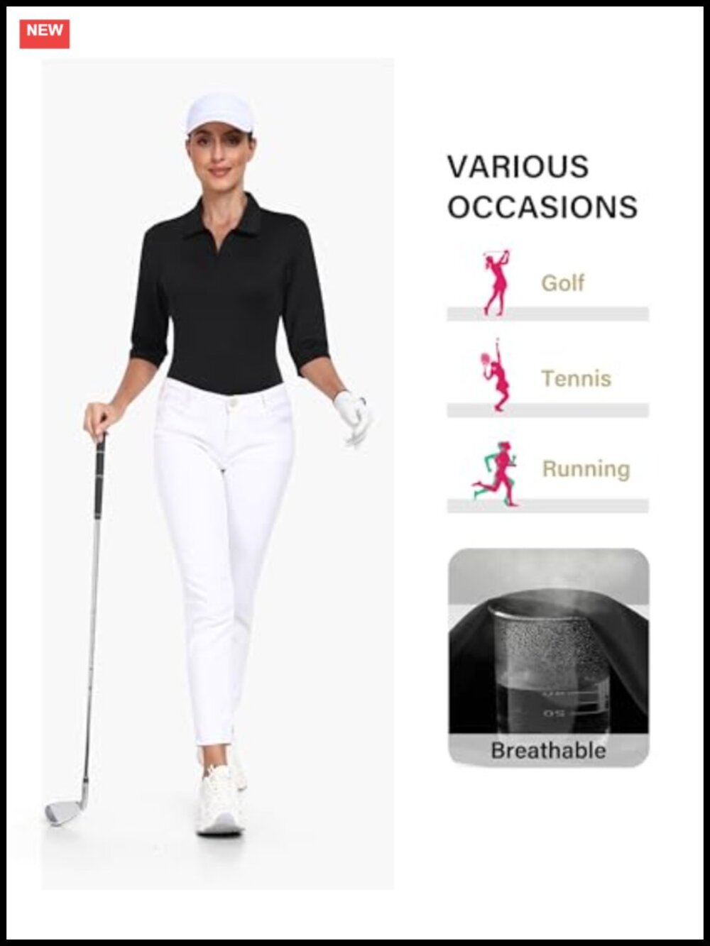 Women's 3/4 Sleeve Quarter Zip Golf Polo Quick Dry Athletic Top - Picture 4 of 6